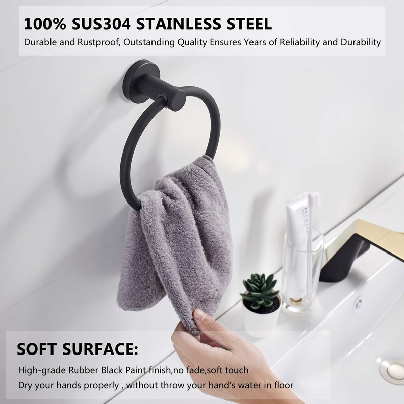 BGL Black Towel Ring Wall Mounted, Stainless Steel 304 Rubber