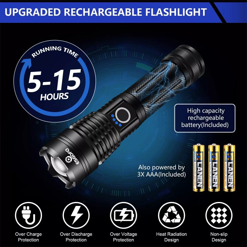 Esgofo High Power Rechargeable Flashlight LED High Lumens, Super Bright