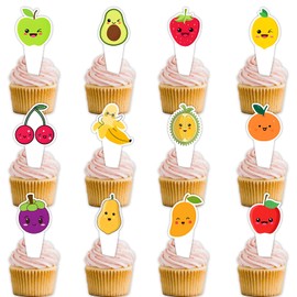 Avocado Banana Lemon Strawberries Dessert Cupcake Topper Pick for Funny Fruit Theme Decor Supplies Baby Shower Men Woman Boys Girls Happy Birthday Party Decorations set 24pcs