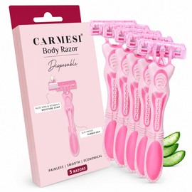 Carmesi Disposable Body Razors for Women - Pack of 5 | Aloe Vera & Vitamin E Moisture Strip For Smooth & Painless Hair Removal | Slip-Proof Rubber Grip | Safe, Hygienic & Economical