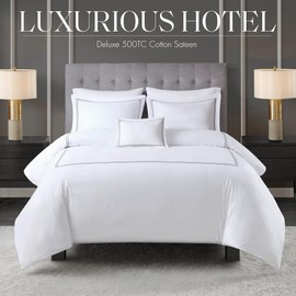 Madison Park Signature Queen Comforter Set Hotel Deluxe 500TC Cotton Sateen Comforters, All Season Lightweight 5 Piece Bed Set, Removable Duvet Cover, Shams & Throw Pillow, Full/Queen, White/Grey