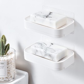 YOHOM 2PCS Adhesive Soap Dish with Drain Tray White Shower Bar Soap Holder Wall Mounted Bathroom Hanging Soap Tray Holder for Tub Plastic