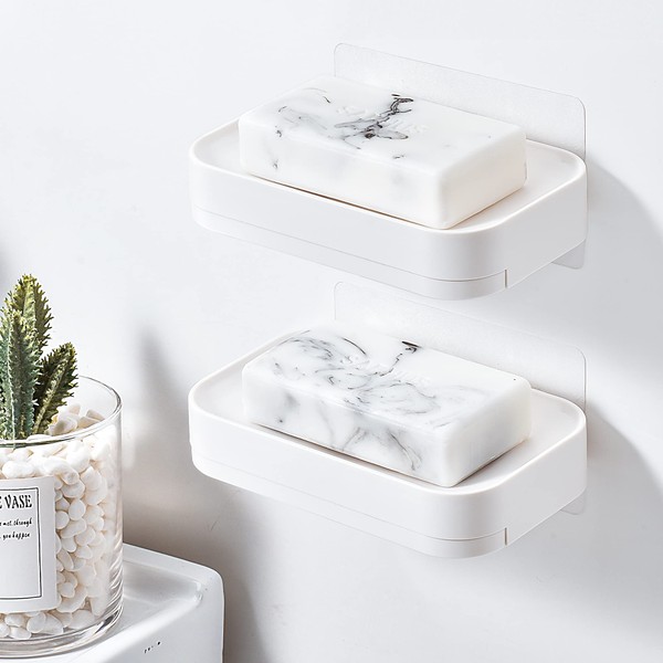YOHOM 2PCS Adhesive Soap Dish with Drain Tray White Shower