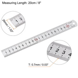 TA-VIGOR Stainless Steel Ruler, 20cm Length Metric Straight Rulers, 0.7mm Thick Metal Ruler, Precision Measuring Tool with Hanging Hole for School, Office, Sewing, Craft and DIY Use