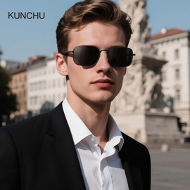 kunchu Polarised Sunglasses Mens Womens UV400 Protection Ultralight Classic Retro Metal Frame Rectangular Sun Glasses for Driving Fishing Travel-Black
