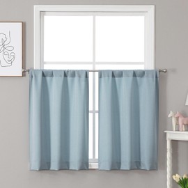 Chyhomenyc Jack Sky Blue Curtains 24 Inch Length 2 Panels, Faux Denim Fabric Kitchen Cafe Curtains for Bathroom Basement, Small Farmhouse Window Treatments Rod Pocket, Each 30 W x 24 L,2PCS