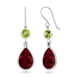 Gem Stone King 13.42 Ct Pear Shape Red Created Ruby Green Peridot 925 Sterling Silver Earrings