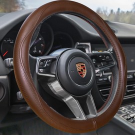 HAOKAY - Funda de Volante de Piel Genuino café de Grado Superior para Hombres y Mujeres, Funda de Volante de Lujo para Coches, SUV y Camiones, Universal de 14.5-15 Pulgadas
