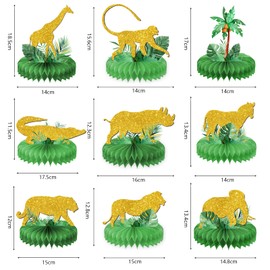 9 Pcs Gold Safari Party Supplies Glitter Jungle Safari Animals Honeycomb Centerpieces Table Decorations Shaped Cutouts Table Toppers for Jungle Safari Birthday Baby Shower Party Decorations Supplies