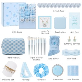 Joyliss Easter Gifts for Tween & Teen Girls, 11PCS Birthday Gifts Basket Teen Girls Gifts Trendy Stuff with Empowering Challenges & Makeup Brushes & Bag, Positive Wrapped Gift Box for Daughter Niece