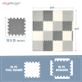 Play Platoon Non-Toxic Foam Puzzle Floor Mat, Comfortable, Extra Thick, Cushiony Exercise and Play Mat for Toddlers, Kids & Adults, 16 Tiles (12"x12"), Grey/Cream/Charcoal