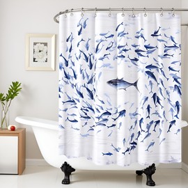 FuShvre Fish Shower Curtain Navy Blue Bathroom Curtains Coastal Bathroom Decor Hooks Included 72"X72"