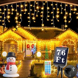 Aolupal Upgraded 640LED Solar Christmas Icicle Lights Outdoor Waterproof,60+16FT 13 Modes & USB Rechargeable Solar Powered Icicle Light for Roof House Yard Christmas Outdoor Decoration (Warm White)
