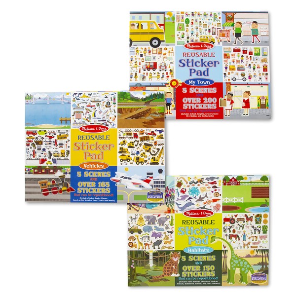 Melissa & Doug Reusable Sticker Pads Set: Habitats, Vehicles, Town: 115 Stickers - Restickable Stickers Book, Sticker Pads For Kids Ages 3+