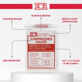 Ever Ready First Aid Compressed Sterile Gauze, 6-Ply Emergency Medical Dressing for First Aid Kits – 4.5” x 4.1 Yards - 2 Pack