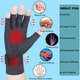 Guantes de compresión para artritis de cobre para mujeres y hombres, para aliviar el dolor de manos, correa de muñeca ajustable, túnel carpiano, 1 par, Negro, Large/X-Large (1 Pair)
