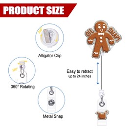 Christmas Winter Badge Reel Retractable ID Clip Gingerbread Man Badge Clip with Accessories Fun Acrylic Badge Holder for Office Nurse Teacher Student Holiday Name Tag Decoration