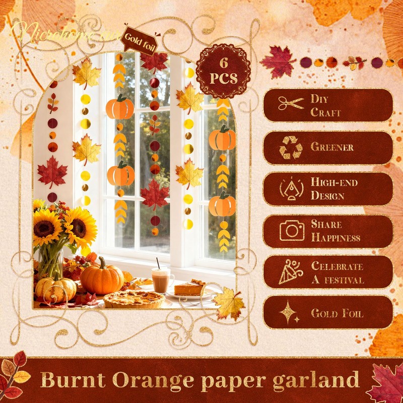 NICROHOME EUR Fall Autumn Paper Garlands with Glitter Pumpkin Maple