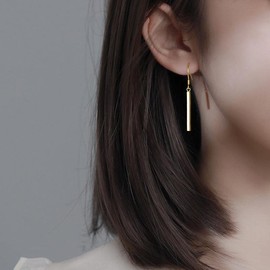 SLUYNZ Solid 925 Sterling Silver Minimalist 2CM/3CM Bar Drop Earrings for Women Teens Vertical Bar Dangle Earrings (2CM Bar-Gold)