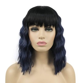 Lydell Mid-length Wavy Synthenic Ombre Wigs with Bangs for Wowen Girls Blue