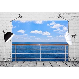 CORFOTO 9x6ft Ocean Cruise Photo Backdrop Blue Sky Travel Themed Photography Background Summer Sea Cruise Ship Railing Picture Nautical Theme Party Decorations Supplies Photo Studio Props Fabric