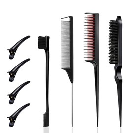 BRIMFULITE 8 Pcs Hair Brush Set with 1 Edge Brush 1 Rat Tail Comb 1 Bristle Hair Brush 1 Teasing Comb 4 Pcs Hair Clips for Makeup Slicking Back Hair Controlling Flyaway Braiding for Women Men (Black)