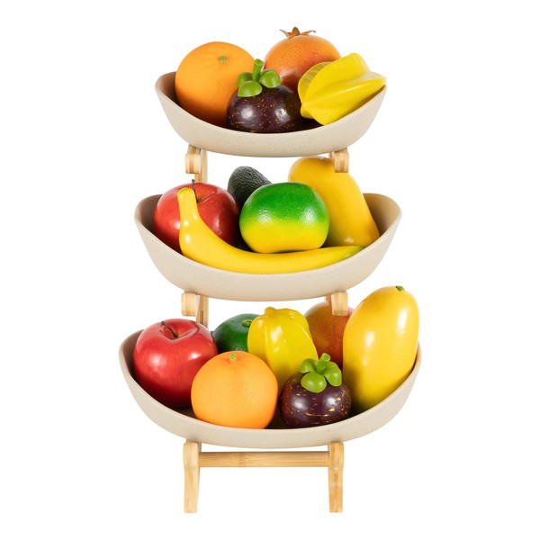 3-Tier Fruit Bowl Stand with Bamboo Frame & Ceramic Trays