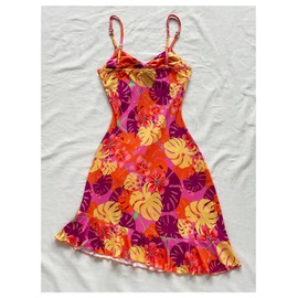 Floerns Women's Summer Tropical Twist Front Ruched Ruffle Hem Bodycon Cami Dress Orange Medium