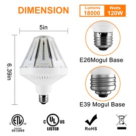 1200W Equivalent Led Corn light bulbs,18000 Lumen LED Corn Bulb 120W 5000K Daylight White Lamp,E26/E39 Medium Mogul Base,2-Pack Large Area Lights For Outdoor Indoor Garage Warehouse Factory Workshop
