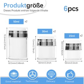 Pack of 6 Cream Dispensers, Airless Pump Dispenser, 15 ml, 30 ml, 50 ml, Refillable Vacuum Pump Container, Lotion Bubble Skincare, Empty Pump Bottle for Travel, Home Use