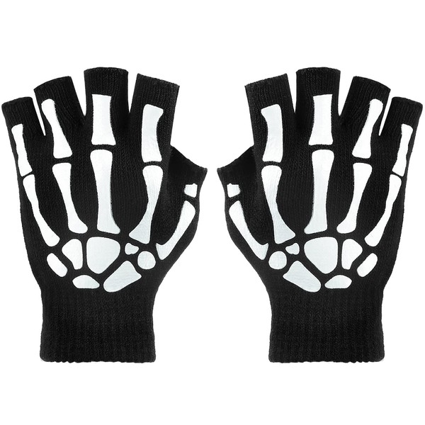 Tatuo 3 Pairs Skeleton Gloves Fingerless Bone Gloves Glow in The Dark Knitted Mechanic Luminous Winter Warm Gloves for Kids Adult Halloween Costume (Kid)