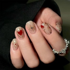 Kabwea Press On Nails Set, 30 pieces Medium Almond Shape Artificial Glue-On Nails, Red Black Design With Lines, Valentine Press On Nails