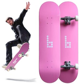 Braille Complete Skateboard for Adults Teens Boys & Girls Kids Skateboard: Standard Skateboard for Tricks 8 Inch x 31.5 Long Pro Skate Board, Full Grip Tape, 7 ply Canadian Maple Metal Trucks, Pink