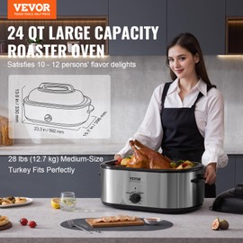 VEVOR Electric Roaster Oven with Defrost & Warm Function, 24 QT Turkey Roaster Oven with Self-Basting Lid, 1450W, Adjustable Temp, Removable Pan & Rack, Fits Turkeys Up to 28LBS, Silver
