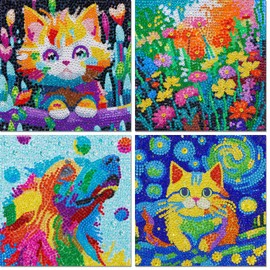 Leixonl 4 Packs 5D Diamond Art Kits for Kids Ages 6 8 9 12,Arts and Crafts Set for Home Wall Decor Diamond Art Gem by Number Kits Arts and Crafts Kits(5.9x5.9inch) (Cat, Dog, Flower)