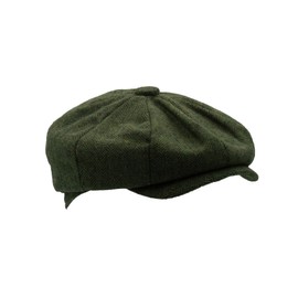 WALKER AND HAWKES - Men's Brown Grey Classic Baker Boy Style 8-Panel Tommy Baker Cap - Green Herringbone - M (58cm)