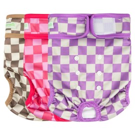 wegreeco Washable Female Dog Diapers Highly Absorbent Reusable Diapers for Dog in Heat Dog Period Diapers, 3 Pack (Checkerboard Red, Purple, Coffee, Small)