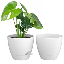 ZMTECH 2 Pack 10 Inch Plant Pots with Watering Lip Self Watering Planters with Drainage Holes and Removable Saucer Plastic Flower Pot for Indoor Outdoor Plants (White)