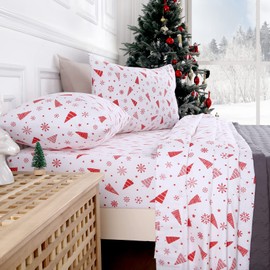 CAROMIO Christmas Sheets Twin, 100% Cotton Flannel Printed Bed Sheet Set, Soft Heavyweight Brushed Flannel, 16 Inches Deep Pocket Winter Warm Sheets 3 Piece (Red Snowflake and Tree, Twin)