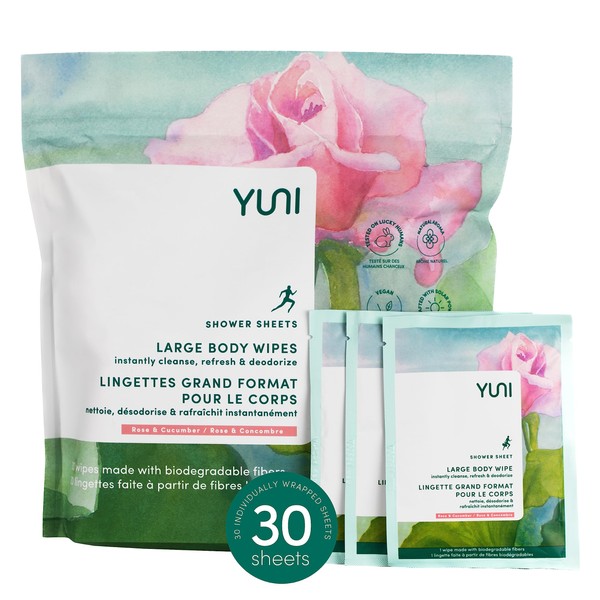 YUNI Beauty Large Body Wipes (Rose Cucumber, 30 Count) Super Soft Moist Showerless Wipes that Cleanse & Deodorize - On-the-Go Waterless Body Cleanser - Biodegradable Individually Wrapped Body Wipes for Camping, Travel, or Gym