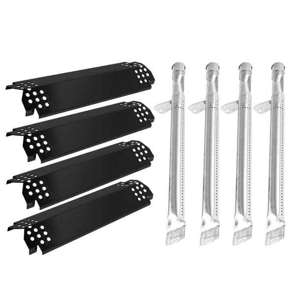 Hisencn Grill Replacement Parts for Expert 720-0789H 4 Burner Gas Grill Stainless Steel Straight Pipe Burner Tube and Porcelian Steel Heat Shield Heat Tent Plates Repair Kit (4-Pack)