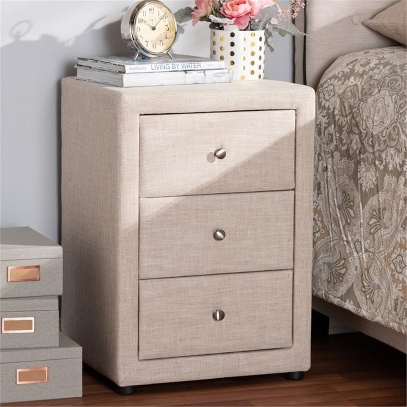 Baxton Studio Tessa 3 Drawer Fabric Upholstered Nightstand in Beige