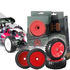 WLYEJEA 4PCS 1/8 RC Buggy Off-Road Tires Arrowhead Tread Pattern 17mm Hex Hub Wheel Rims & Rubber Tires Set 118mm OD Fit for 1/8 Off Road Car Buggy Arrma Python HSP Redcat Kyosho