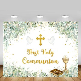 MEHOFOND 7x5ft First Holy Communion Backdrop Baptism Background Green and Golden Eucalyptus Green Leaves Golden Cross Stars Photography Background Bible Baby Shower Party Decoration Banner