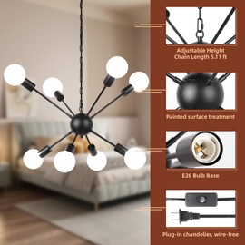 CHENBEN Sputnik Chandeliers Black Plug in Pendant Light with Cord,8 Light Plug in Chandelier for Dining Room,Hanging Lights with Plug in Cord 16.4ft for Living Room, Kitchen, Entryway