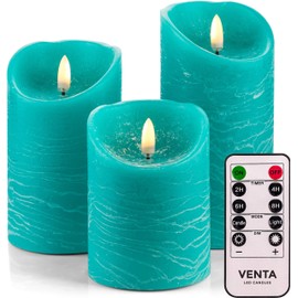 Set of 3 Realistic Flameless Turquoise LED Candles with Remote Control - 4'' 5'' 6'' Electric Wickless Pillar Battery Operated Candles with Flickering Flame Timer