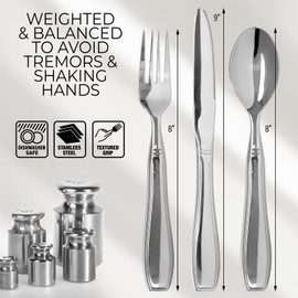 Weighted Utensils for Hand Tremors and Parkinson's Patients - 3 Piece Set Weighted Silverware for Elderly, Arthritis, Weak Hand Grip - Convenient Travel Bag, Stainless Steel, 7 Oz