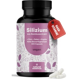 Hair Vitamins - 500 mg Silicon with Zinc, Copper and Selenium - 300 Capsules - Silica from Bamboo Extract - Popular with Women Hair Loss, Silicon - Vegan and Produced in Germany