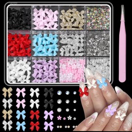 3D Bow Nail Charms and Rhinestones, Color Acrylic 3D Nail Bows Alloy Bow Nail Charms, Bowknots Blossom Flowers Nail Charms and Gems for Acrylic Nails Y2K DIY Nail Art Accessories