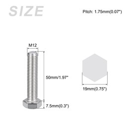 METALLIXITY Hex Bolts (M12-1.75x50mm) 4Pcs, 304 Stainless Steel Coarse Fully Threaded Hex Head Screw Bolt Machine Screws - for Furniture Repair, Silver
